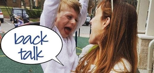 Child yelling with speech bubble saying "back talk" near a woman.