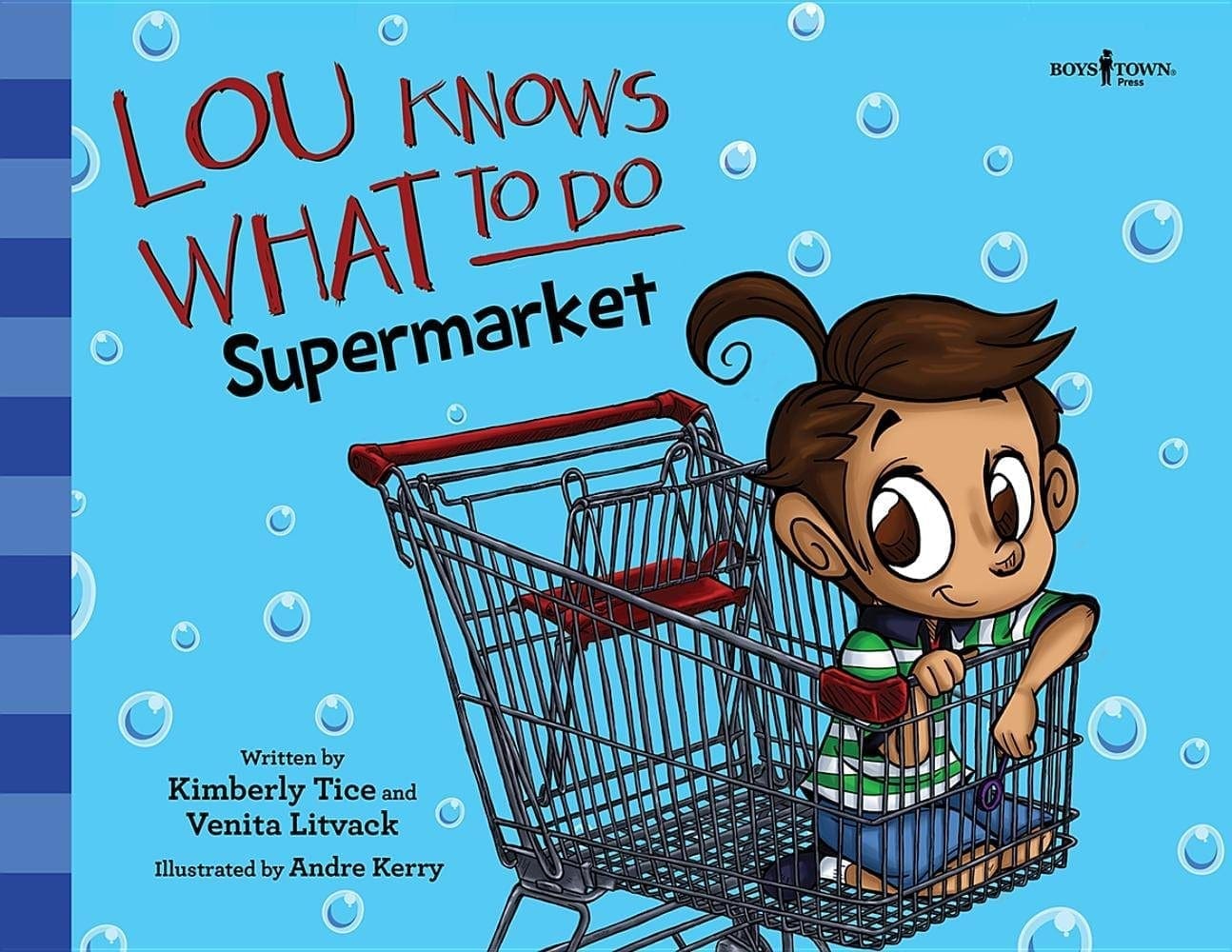 Lou Knows What To Do Supermarket book cover with a cartoon boy in a shopping cart.