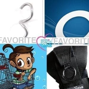 Collage of a metal spiral, a blue graphic with a white circle, a cartoon child in a shopping cart, and a black glove.