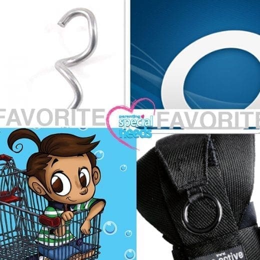 Collage of a metal spiral, a blue graphic with a white circle, a cartoon child in a shopping cart, and a black glove.