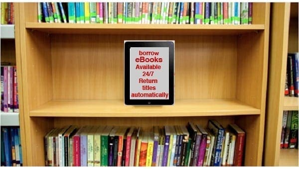 Tablet on a library shelf displaying information about borrowing ebooks 24/7.