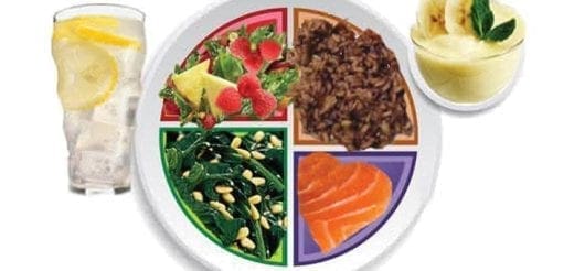 A segmented plate with balanced foods, including salmon, vegetables, and fruit, next to a glass of water with lemon.