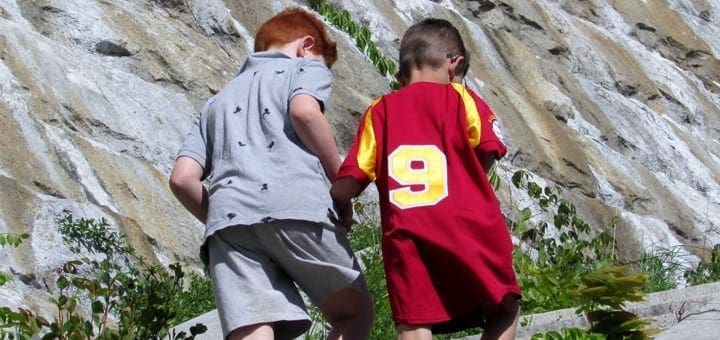 Two boys hold hands while facing a rocky cliff.