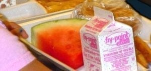 Tray with watermelon slice and two cartons of strawberry milk