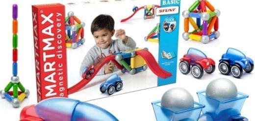Collection of magnetic building toys and a child playing with them.