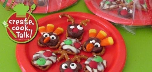 Holiday pretzel treats shaped like turkeys on a red plate.