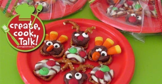 Festive holiday pretzel treats on a red plate with a "create, cook, talk!" logo.
