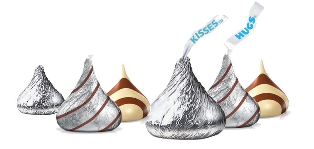 Hershey's Kisses and Hugs chocolates on a white background.