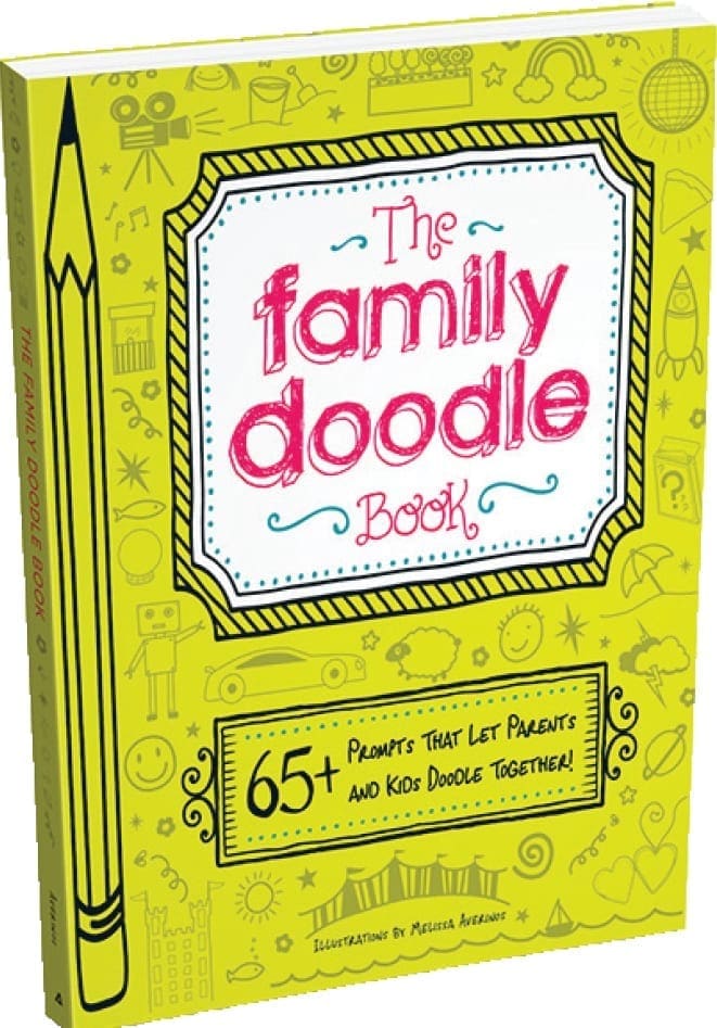 The Family Doodle Book cover with a large pencil on the left and doodles all over.