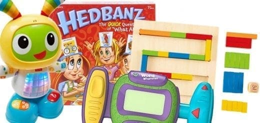 Assortment of children's toys including a robot, game box, and educational building blocks.