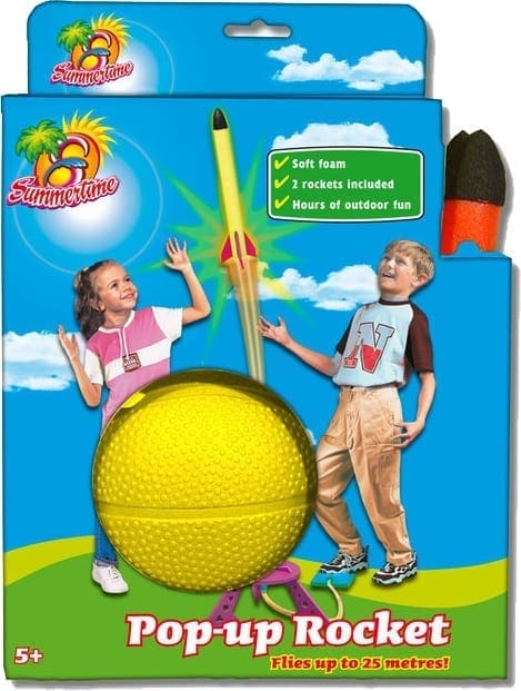 Pop-up Rocket toy packaging featuring two children, a yellow ball, and a rocket launching from a base.