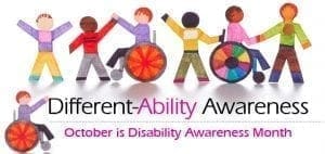 Paper figures with arms raised in celebration, two in wheelchairs, with text "Different-Ability Awareness" and "October is Disability Awareness Month.