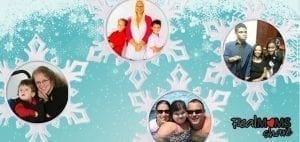 Collage of four circular family photos on a blue snowflake background.
