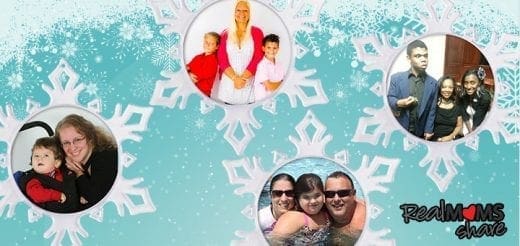 Collage of four circular family photos on a blue snowflake background.