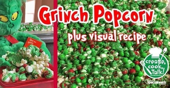 Grinch Popcorn with a visual recipe, featuring a Grinch plush toy.