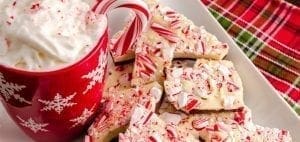Peppermint bark and hot cocoa in a festive mug.