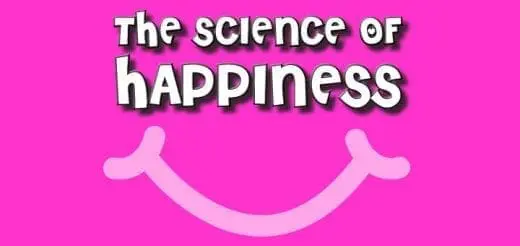 The words "the science of happiness" in white text over a bright pink background with a smiling mouth.