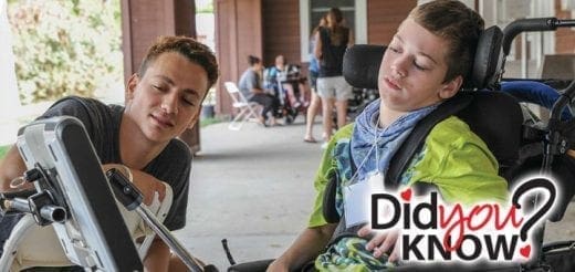 Two boys, one in a wheelchair, interact outdoors.