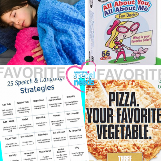 Collage of a sleeping child, a card game, a list of speech and language strategies, and a pizza graphic.