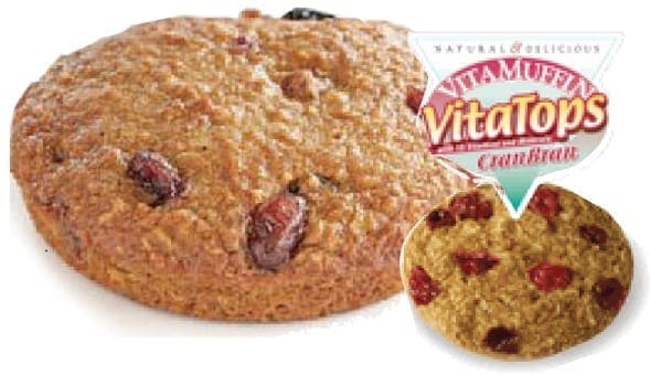 Cranberry VitaTops muffin with a logo bubble.