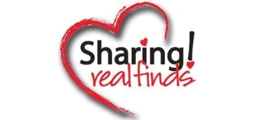 Sharing! real finds logo with a red heart outline.