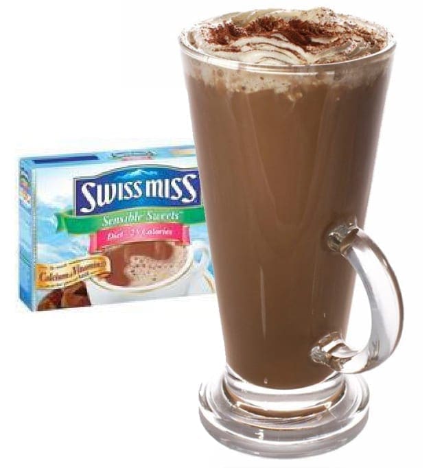 Swiss Miss Sensible Sweets hot chocolate in a glass with whipped cream