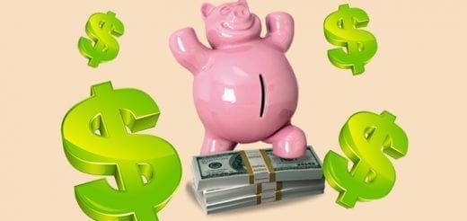 Pink piggy bank standing on a stack of dollar bills surrounded by dollar signs.