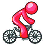 Red figure cycling on a bicycle.