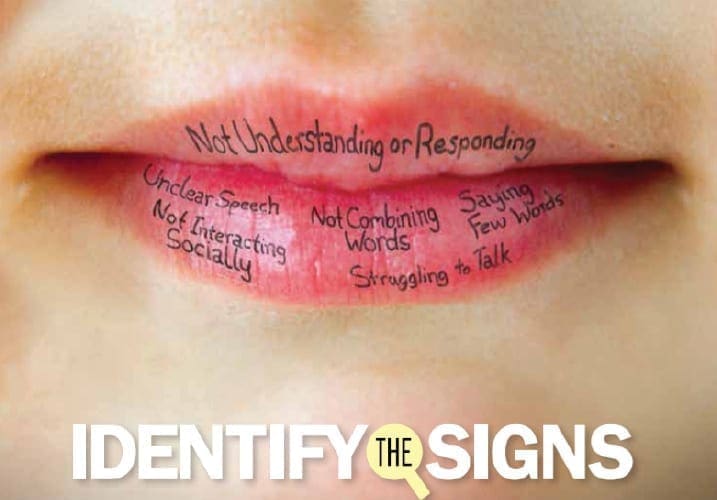 Lips with text listing signs of language disorder: not understanding or responding, unclear speech, not combining words, saying few words, not interacting socially, struggling to talk.