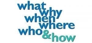 Words "what, why, when, where, who & how" in blue and green text.
