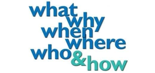 Words "what, why, when, where, who & how" in blue and green text.
