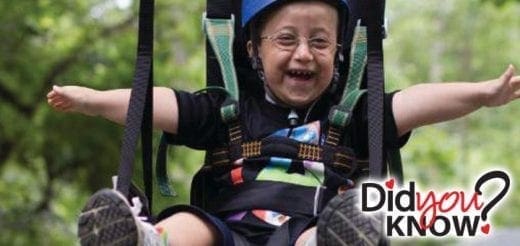 A child in a helmet and harness smiles with arms outstretched while suspended.