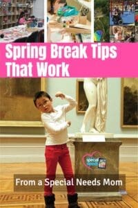 Collage of images about spring break activities and a child posing in front of a statue.