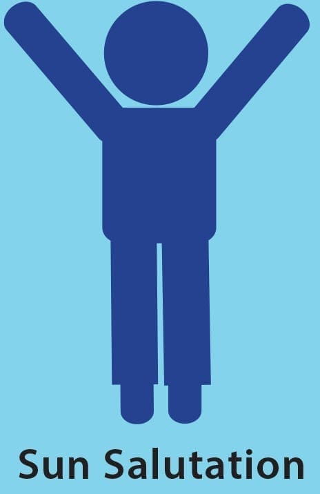 A blue silhouette of a person with arms raised overhead stands against a light blue background, with the text "Sun Salutation" below.