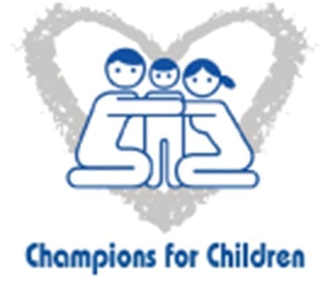 Stylized depiction of a family embracing within a heart shape, with the text "Champions for Children" below.