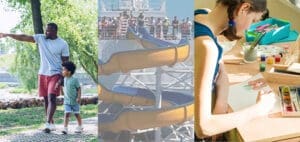 Man and child walking, water slide, and person painting.