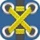 Close-up of yellow shoelaces tied in a crisscross pattern.