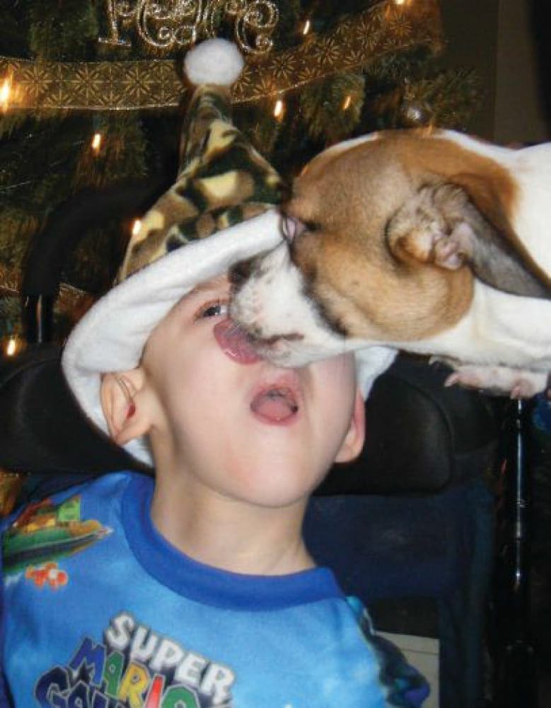 Jayden wearing a Santa hat receives a Christmas kiss from Scout, a dog.