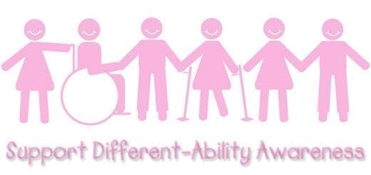 Pink figures representing different abilities hold hands above text that reads "Support Different-Ability Awareness.