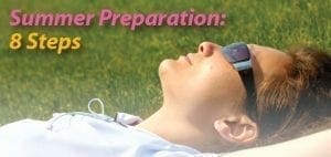 Person sunbathing in sunglasses with text "Summer Preparation: 8 Steps