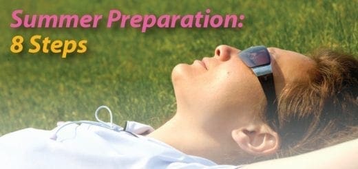 Person sunbathing in sunglasses with text "Summer Preparation: 8 Steps