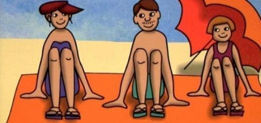 Three cartoon people sit on an orange towel on a beach.