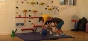 Two people interact with a medicine ball near a climbing wall.