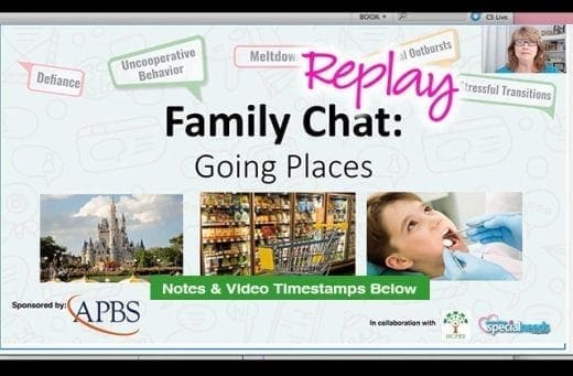 Family Chat: Going Places presentation with images of a castle, a store interior, and a child at the dentist.