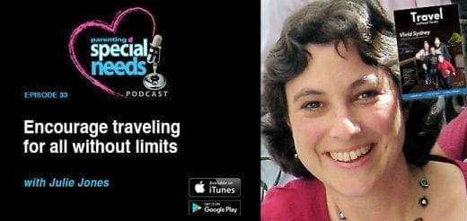 Julie Jones smiling next to a podcast graphic about encouraging travel for all.