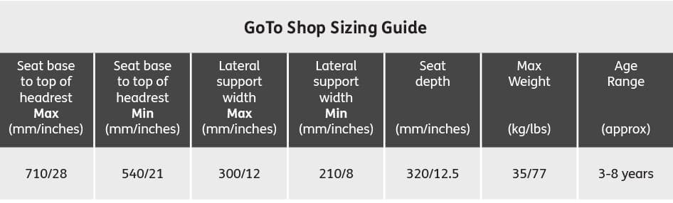 GoTo Shop Sizing Guide table with measurements for seat base, lateral support, seat depth, max weight, and age range.