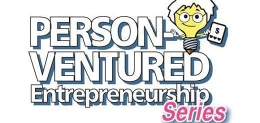 Person-Ventured Entrepreneurship Series logo featuring a cartoon lightbulb character holding a dollar sign card.