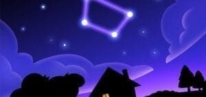 A constellation in the night sky above a silhouette of a house and trees
