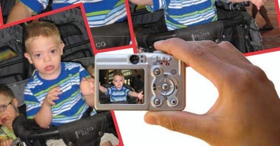 Collage of children being photographed, with a hand holding a camera showing a boy in a blue striped shirt on its screen.