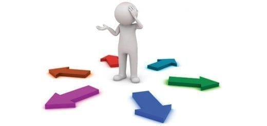 Confused person surrounded by colorful arrows pointing in different directions